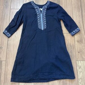 Chicos Linen Tunic Dress Navy Blue Beaded Embroidered Embellishments Size US 4